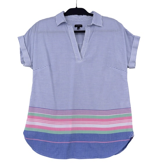 Talbots Tops - Casual Striped Split-Neck Blouse in Blue and Pastel